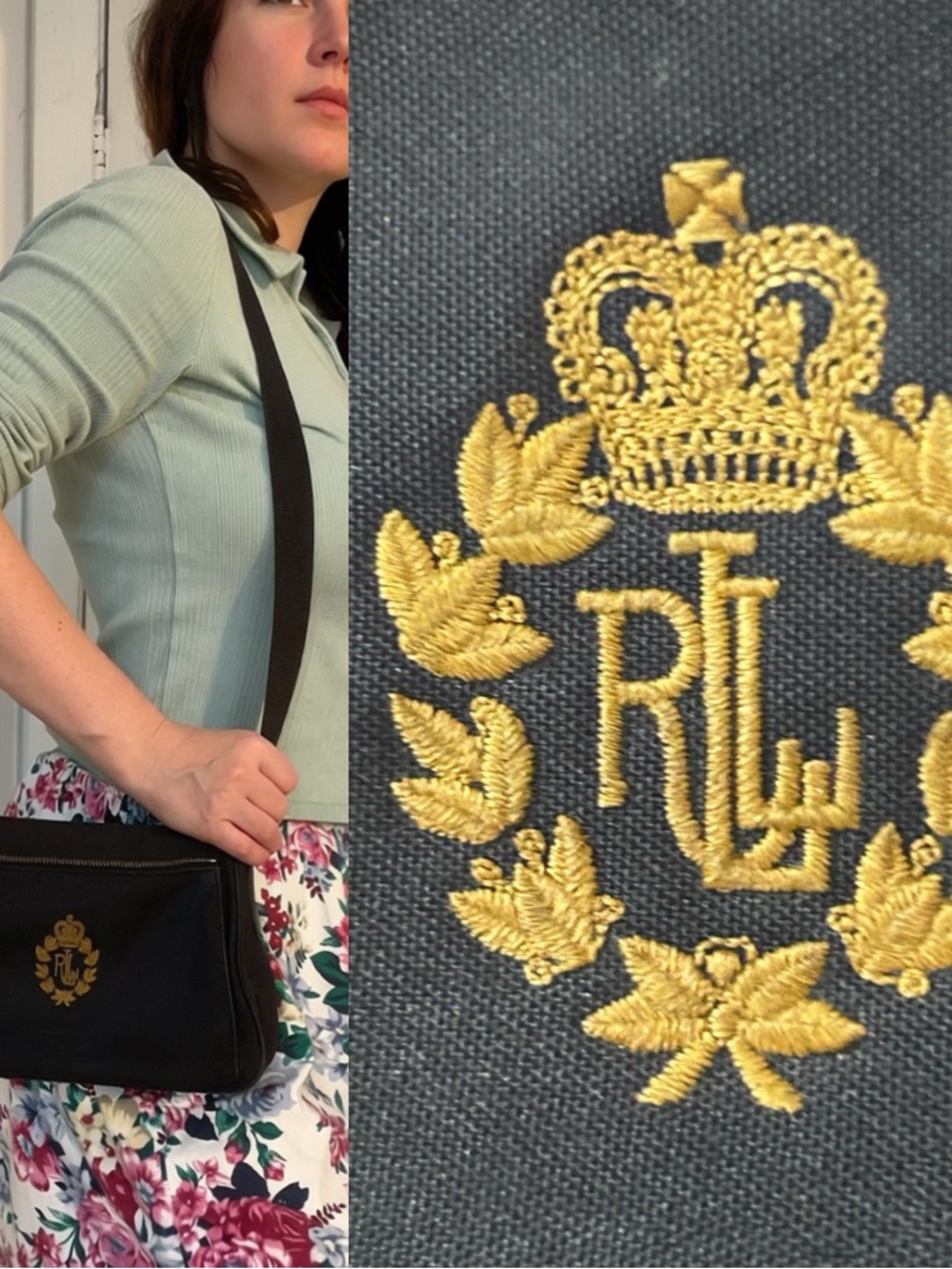 Ralph Lauren Vintage Y2K Navy Crossbody Bag with Gold Crest Embroidery